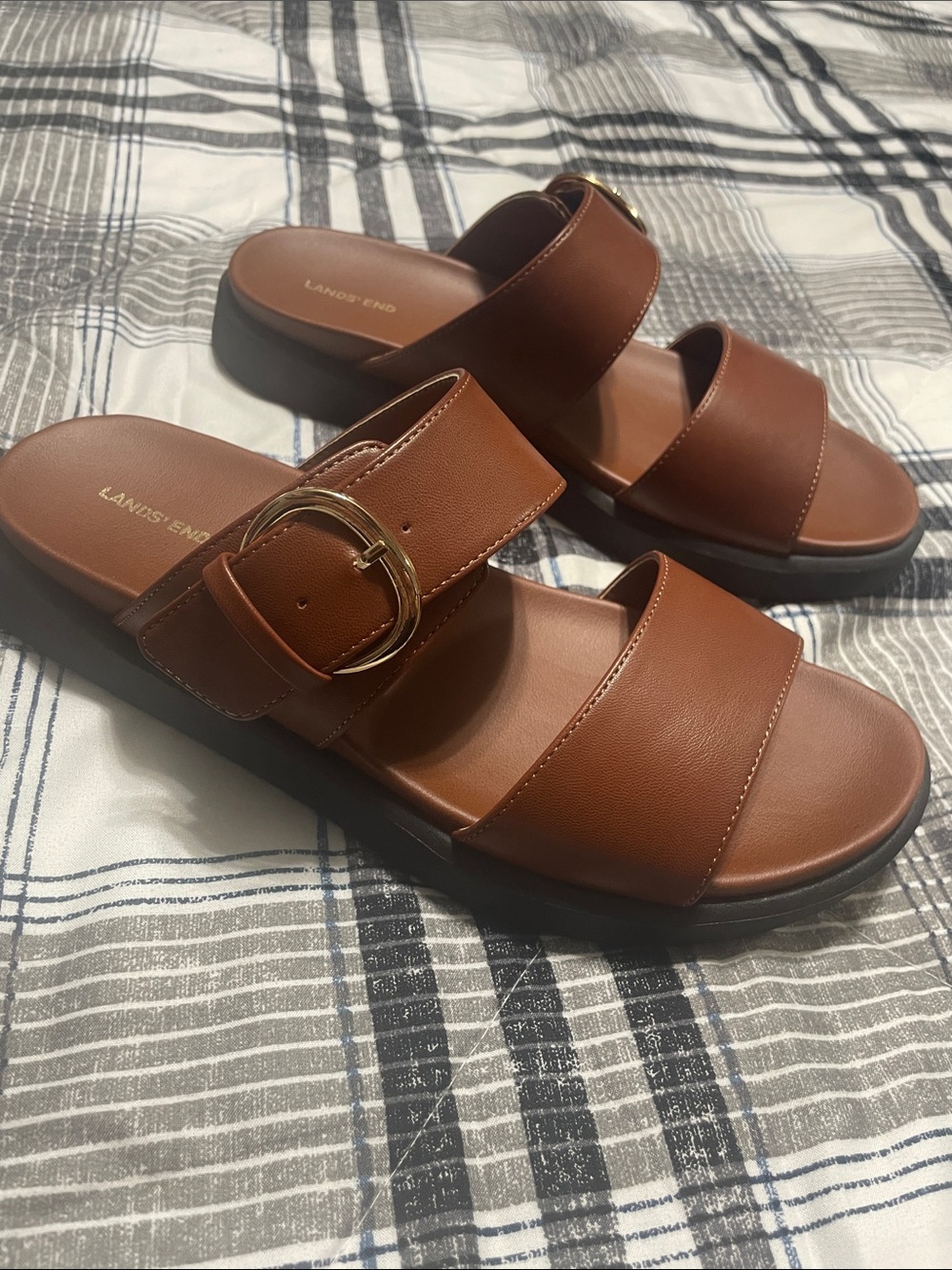 Lands' End Tan Double-Strap Slide Sandals with Gold Buckle